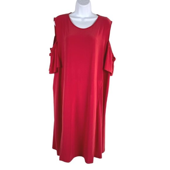 Sun Kim Dress Cold Shoulder Red Solid Polyester‎ Spandex NWT Women's 1X - Picture 1 of 11